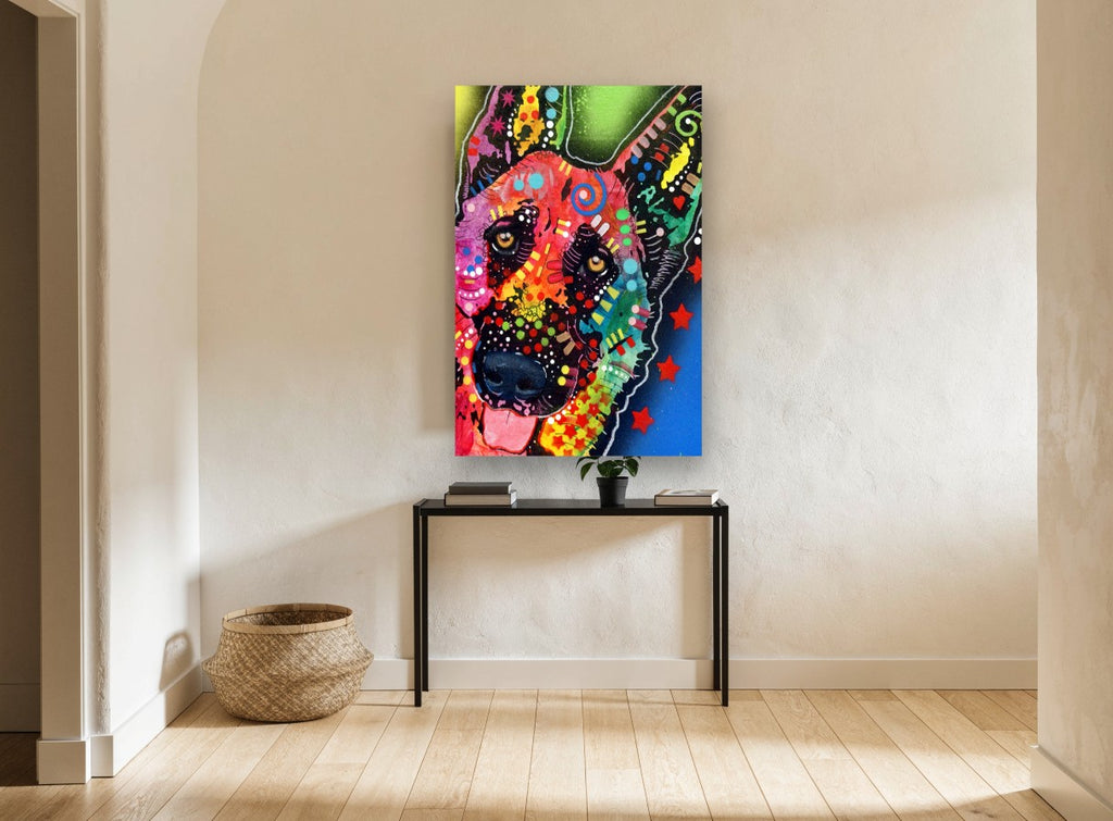 Technicolour Shepherd animal canvas print on the wall of a hallway