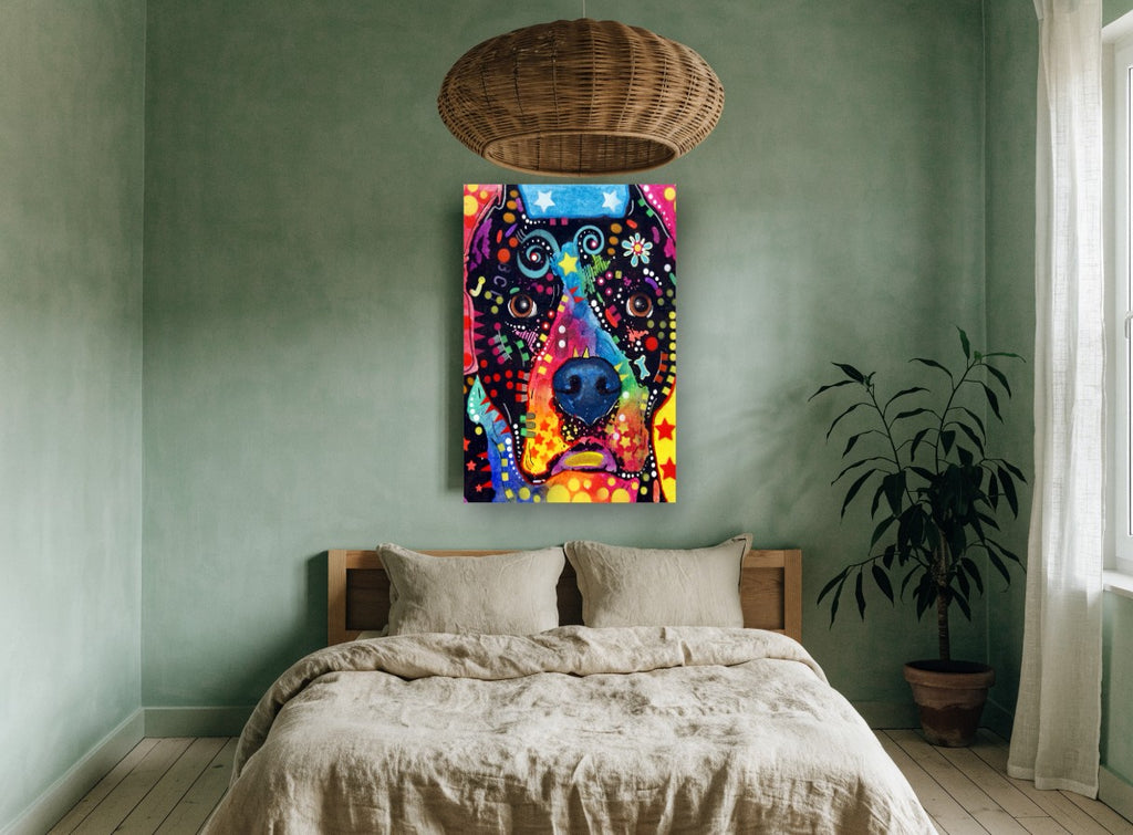 Rainbow Pop Hound animal canvas print on the wall of a bedroom