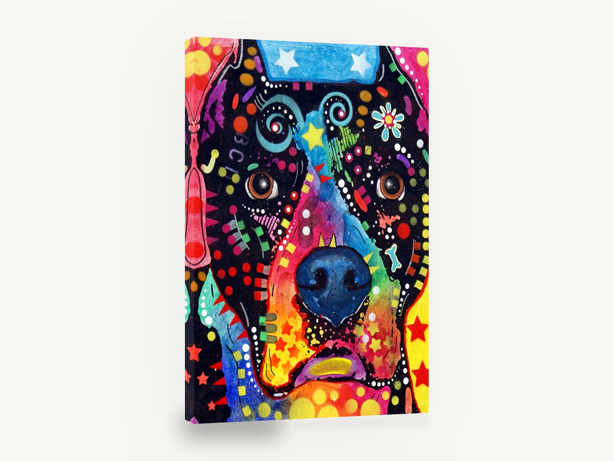 Rainbow Pop Hound, colourful pop art dog portrait, animal canvas wall art print ready to hang