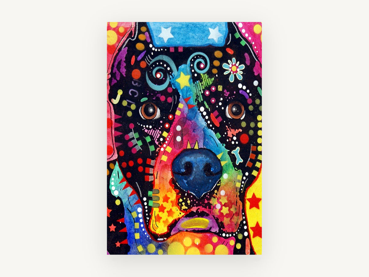 Rainbow Pop Hound, colourful pop art dog portrait, animal canvas wall art print, front view