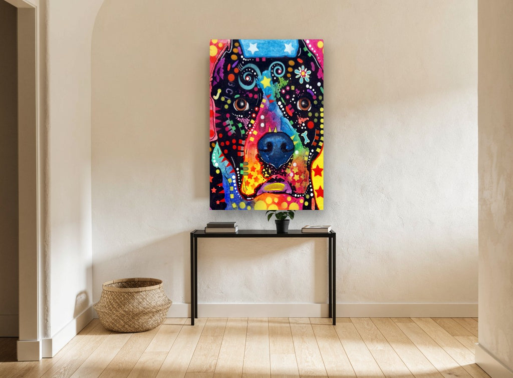 Rainbow Pop Hound animal canvas print on the wall of a hallway