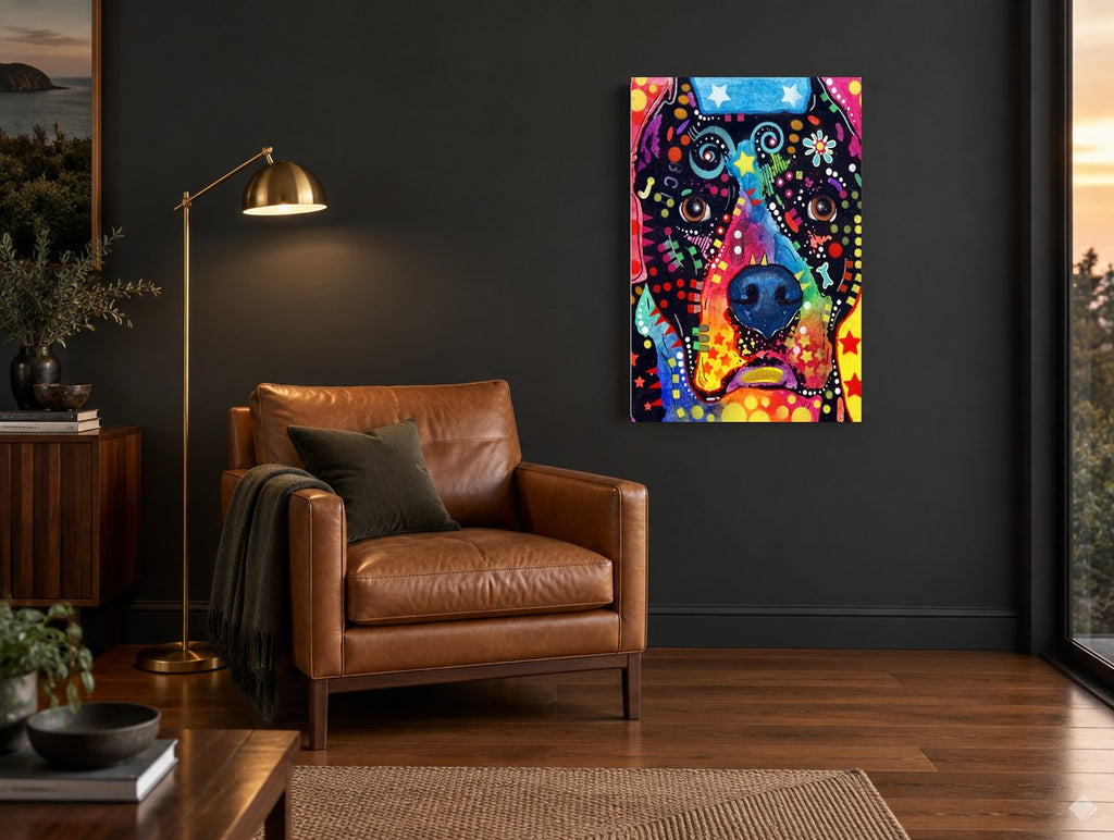 Rainbow Pop Hound animal canvas print on the wall of a charcoal living room