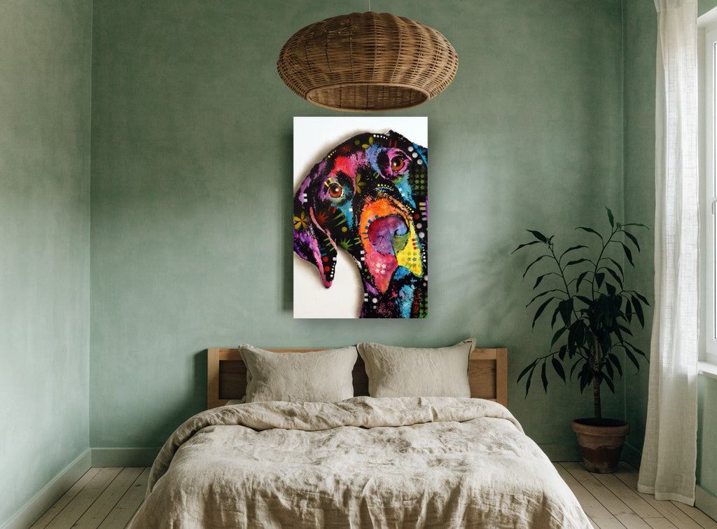 Tilted Head Pop Dog animal canvas print on the wall of a bedroom