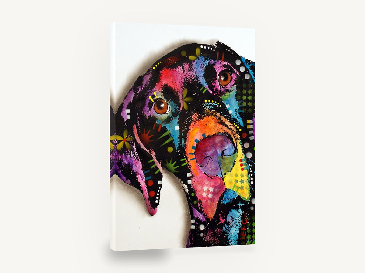 Tilted Head Pop Dog, colourful pop art dog portrait, animal canvas wall art print ready to hang