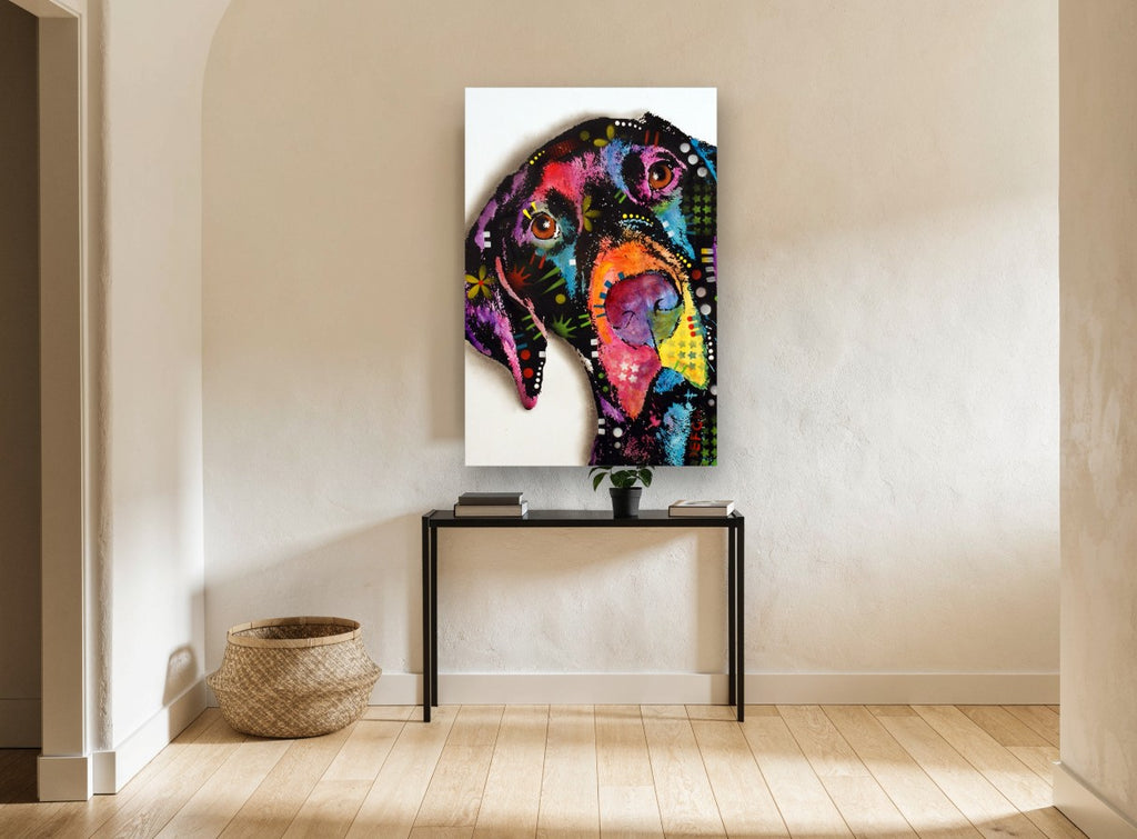 Tilted Head Pop Dog animal canvas print on the wall of a hallway
