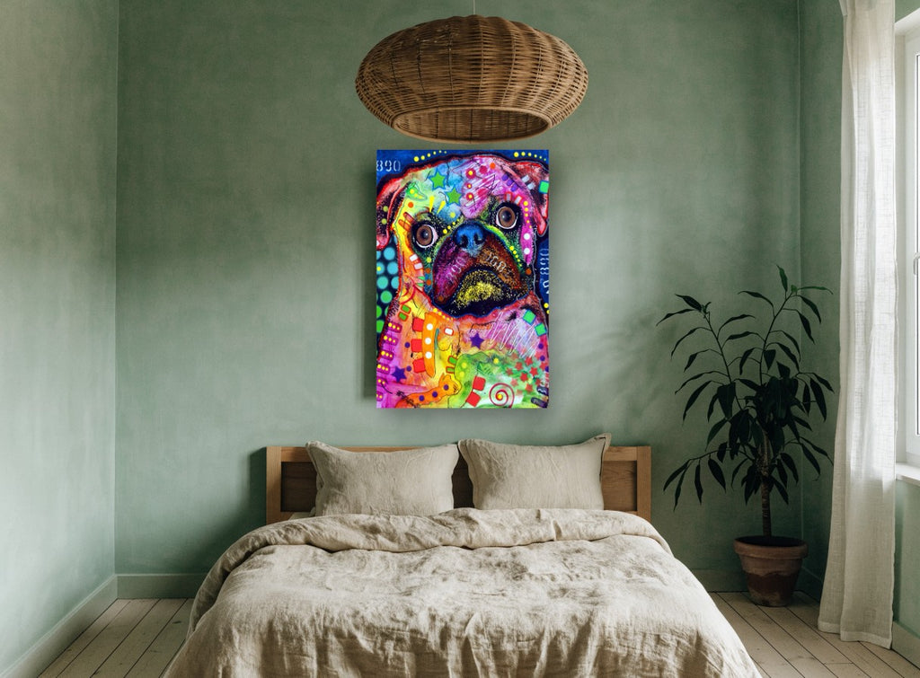 Neon Pug Portrait animal canvas print on the wall of a bedroom