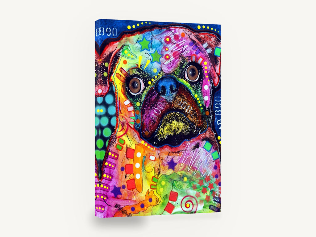 Neon Pug Portrait, colourful pop art pug portrait, animal canvas wall art print ready to hang