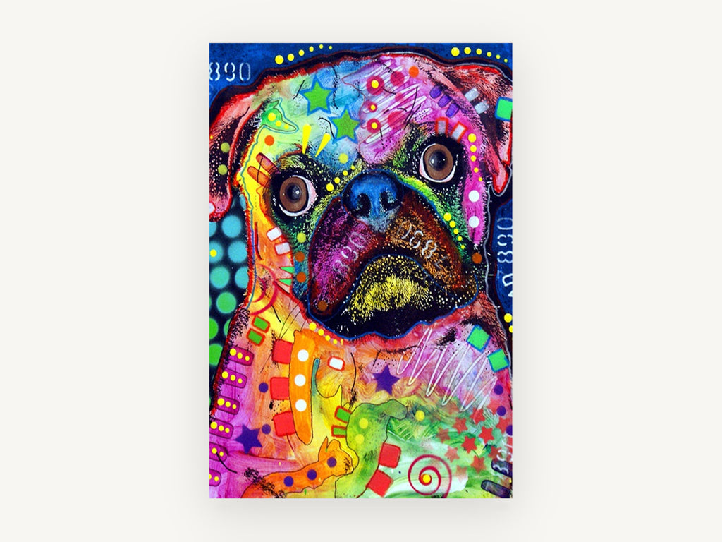 Neon Pug Portrait, colourful pop art pug portrait, animal canvas wall art print, front view