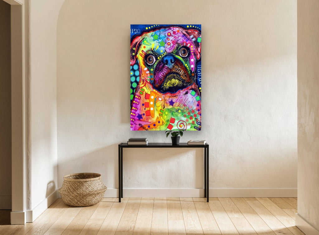 Neon Pug Portrait animal canvas print on the wall of a hallway
