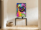 Neon Pug Portrait animal canvas print on the wall of a hallway