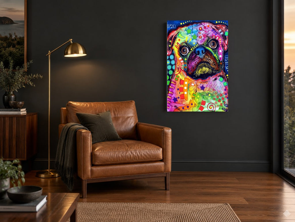 Neon Pug Portrait animal canvas print on the wall of a charcoal living room