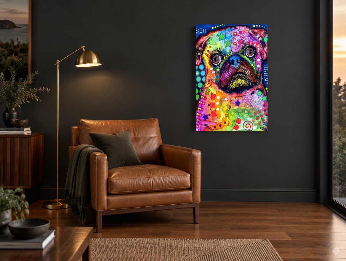 Neon Pug Portrait animal canvas print on the wall of a charcoal living room