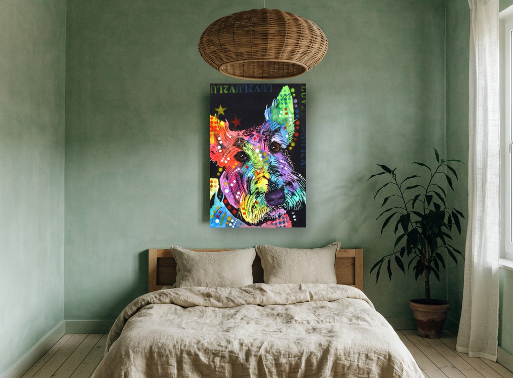 Rainbow Scottie Pop animal canvas print on the wall of a bedroom