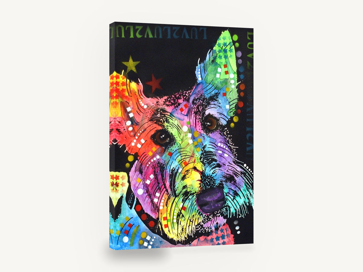 Rainbow Scottie Pop, colourful scottish terrier pop art, animal canvas wall art print ready to hang