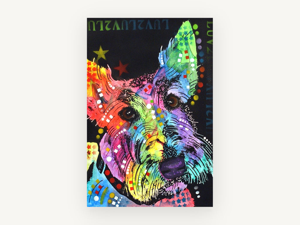 Rainbow Scottie Pop, colourful scottish terrier pop art, animal canvas wall art print, front view