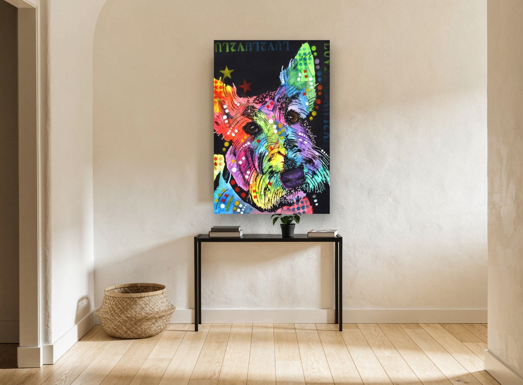 Rainbow Scottie Pop animal canvas print on the wall of a hallway