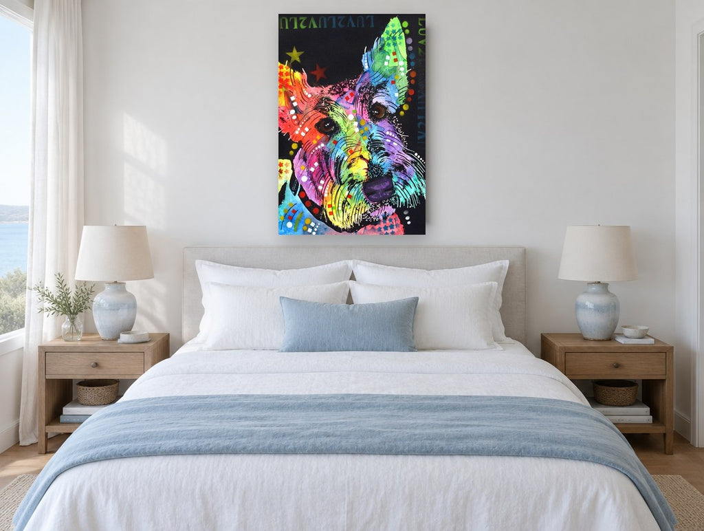 Rainbow Scottie Pop animal canvas print on the wall of a bedroom