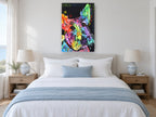 Rainbow Scottie Pop animal canvas print on the wall of a bedroom