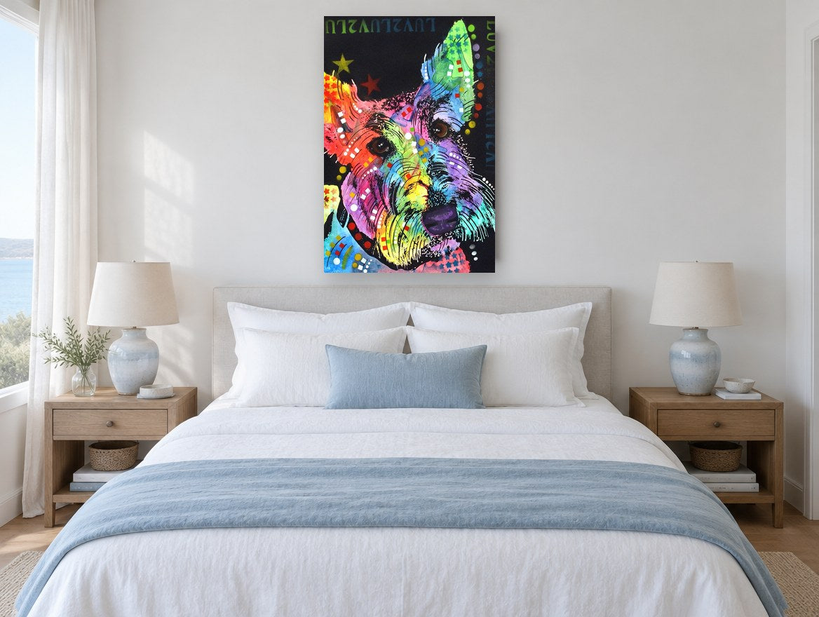 Rainbow Scottie Pop animal canvas print on the wall of a bedroom