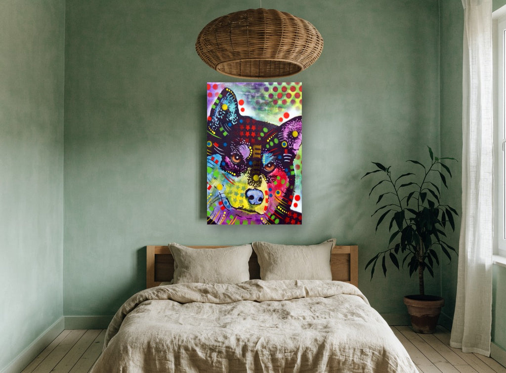 Confetti Shiba Pop animal canvas print on the wall of a bedroom