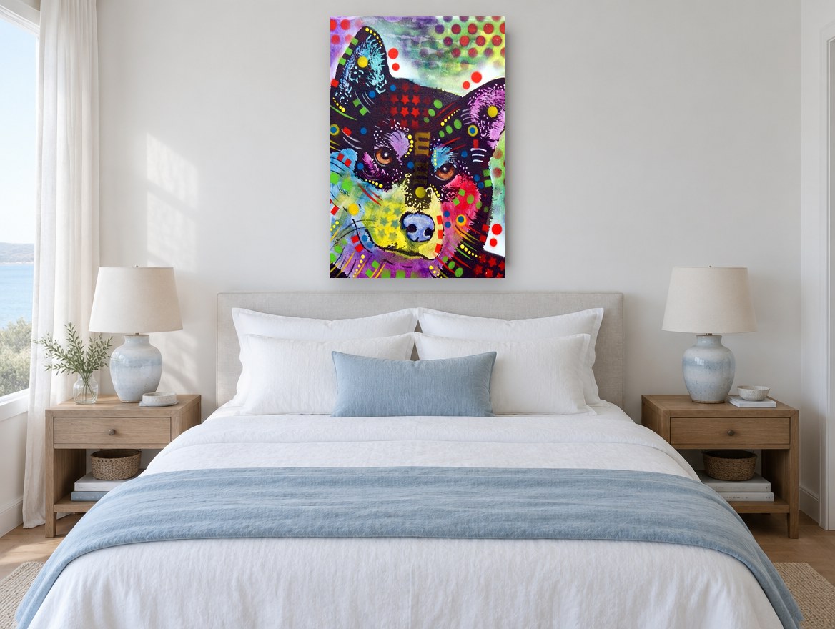 Confetti Shiba Pop animal canvas print on the wall of a bedroom