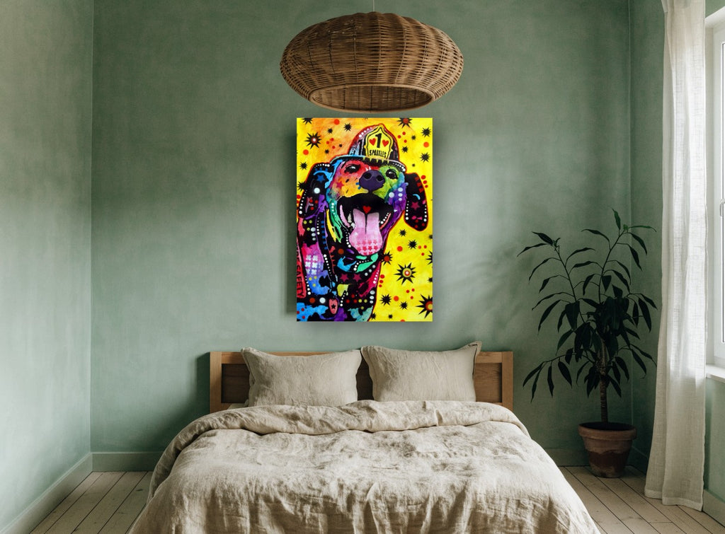 Firehouse Sparkles Dog animal canvas print on the wall of a bedroom