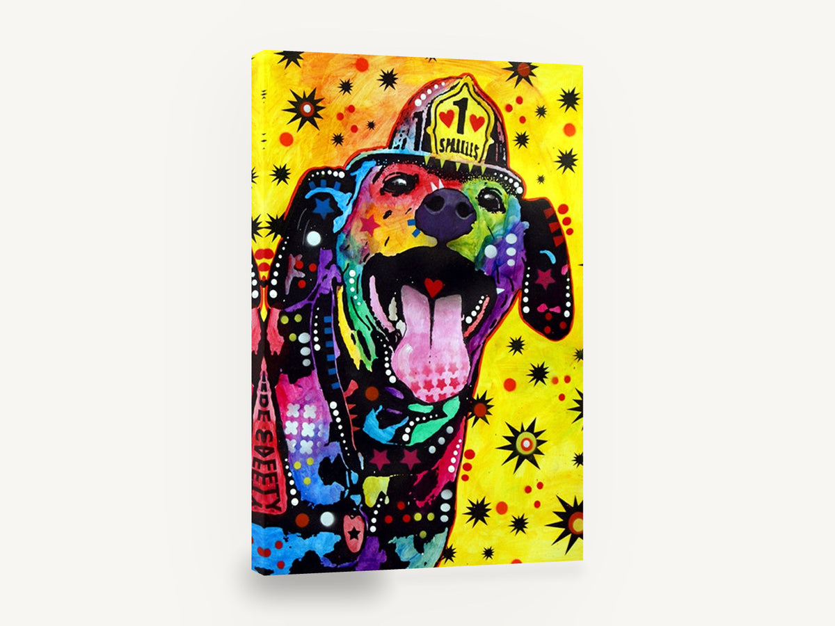 Firehouse Sparkles Dog, pop art dog firefighter portrait, animal canvas wall art print ready to hang
