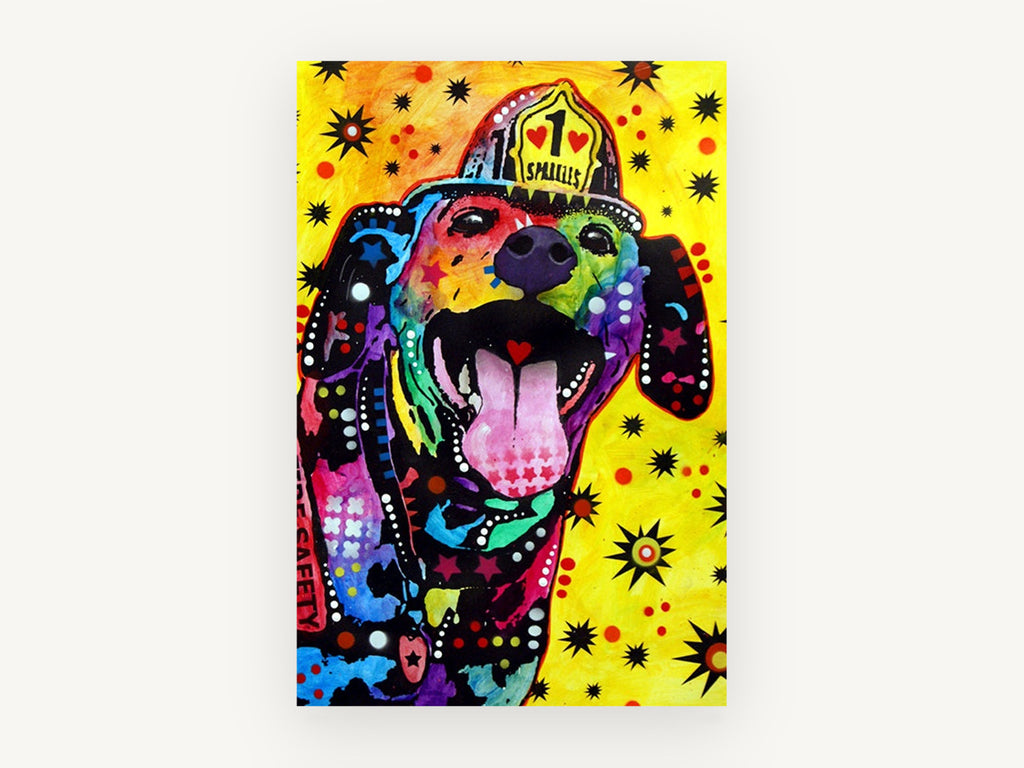 Firehouse Sparkles Dog, pop art dog firefighter portrait, animal canvas wall art print, front view