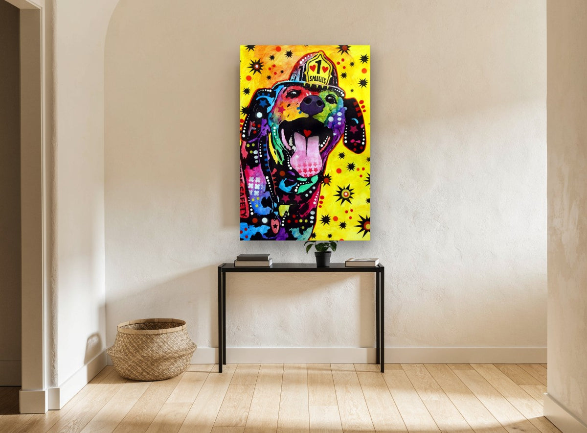 Firehouse Sparkles Dog animal canvas print on the wall of a hallway