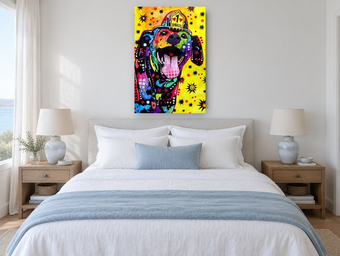 Firehouse Sparkles Dog animal canvas print on the wall of a bedroom