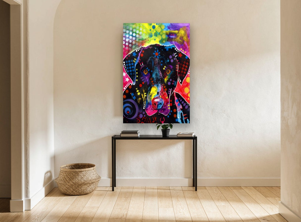 Neon Pop Labrador animal canvas print on the wall of a hallway