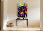 Neon Pop Labrador animal canvas print on the wall of a hallway