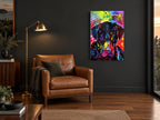 Neon Pop Labrador animal canvas print on the wall of a charcoal living room