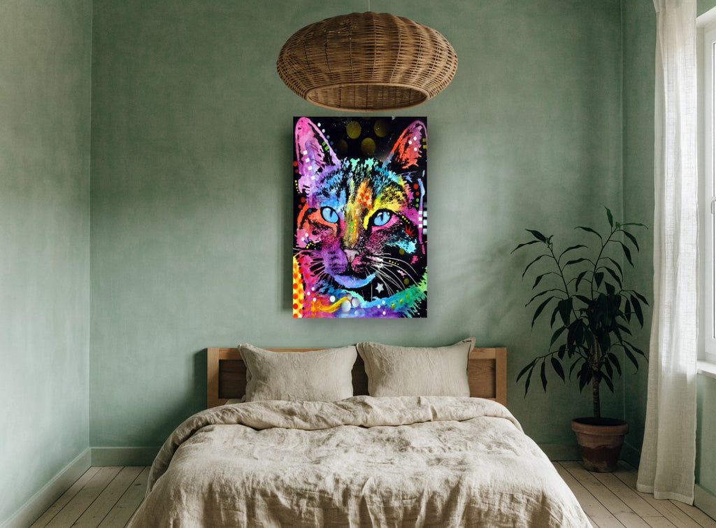 Neon Splash Cat animal canvas print on the wall of a bedroom