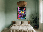 Neon Splash Cat animal canvas print on the wall of a bedroom