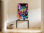 Neon Splash Cat animal canvas print on the wall of a hallway