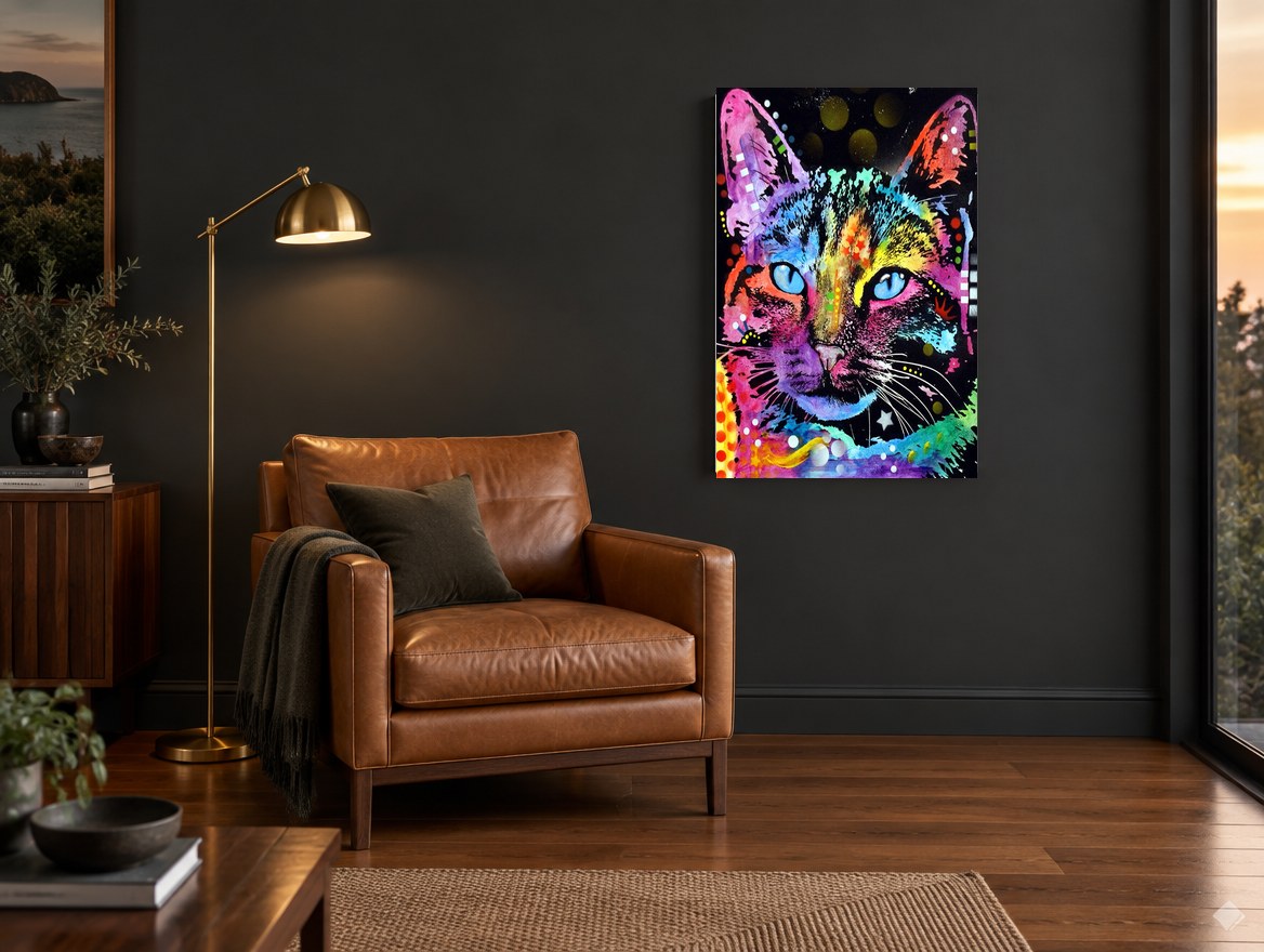 Neon Splash Cat animal canvas print on the wall of a charcoal living room