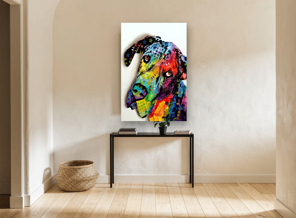 Tilted Head Pop Dane animal canvas print on the wall of a hallway