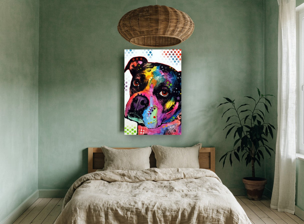 Rainbow Boxer Gaze animal canvas print on the wall of a bedroom