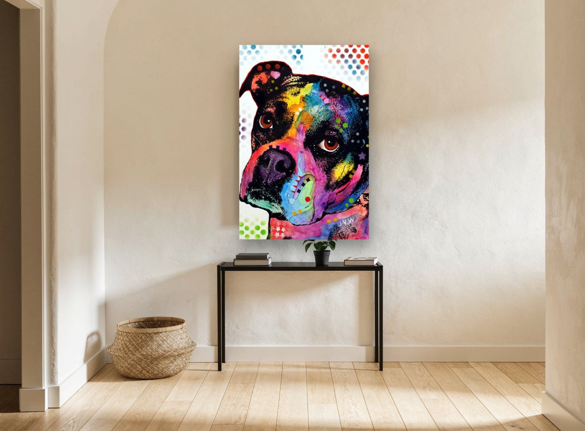 Rainbow Boxer Gaze animal canvas print on the wall of a hallway