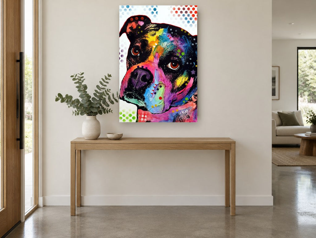 Rainbow Boxer Gaze animal canvas print on the wall of a entry hall