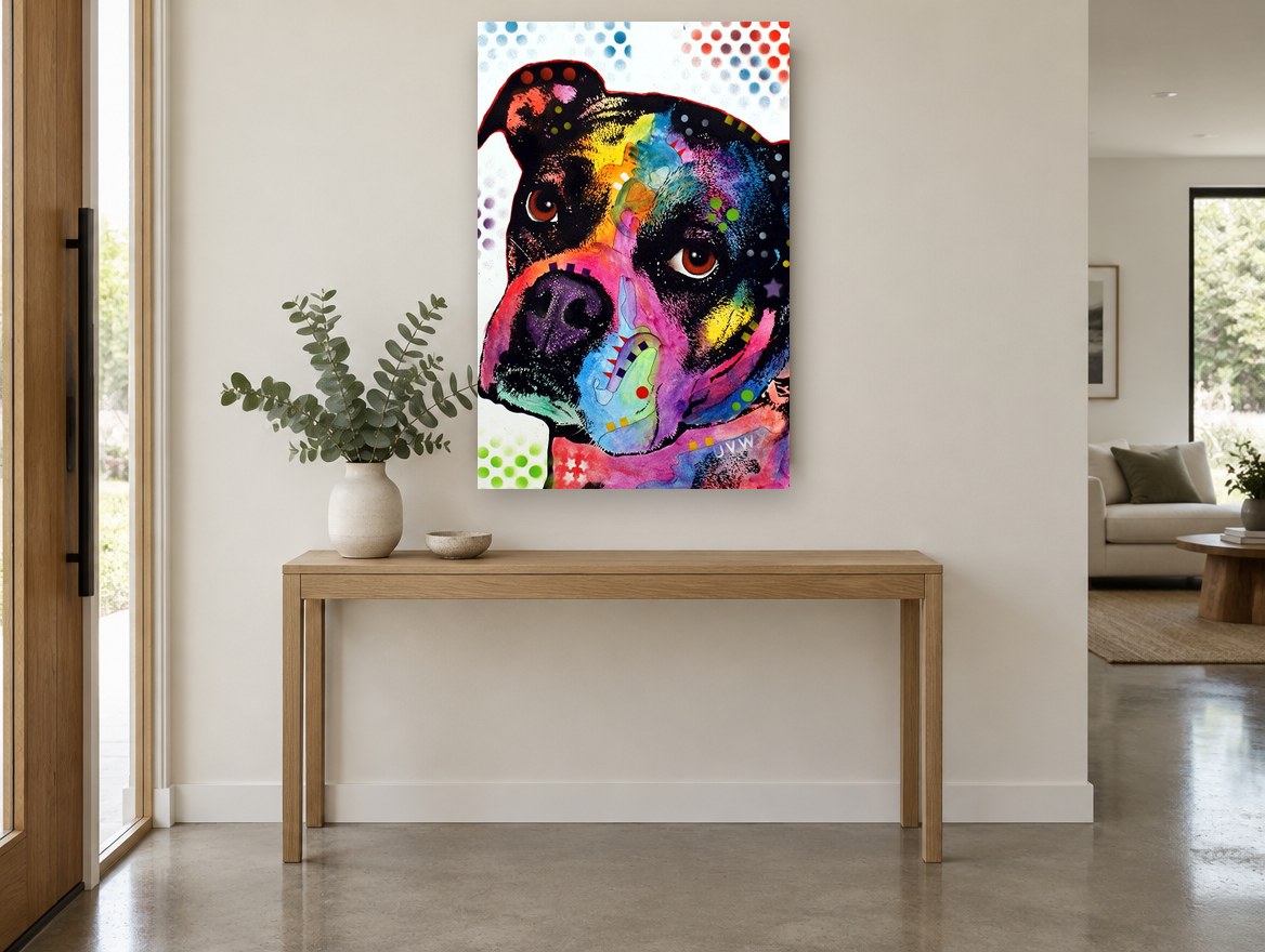 Rainbow Boxer Gaze animal canvas print on the wall of a entry hall