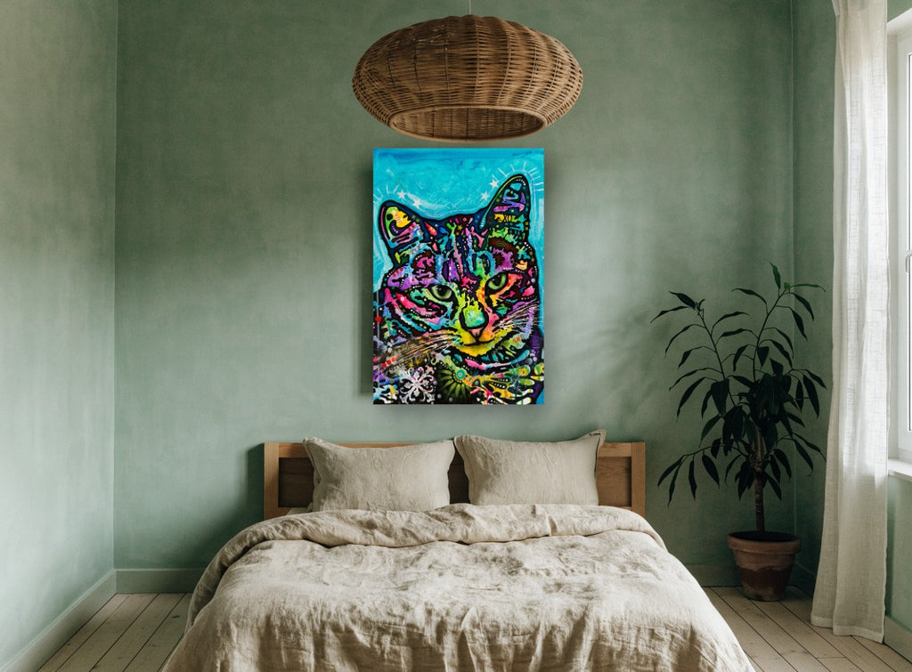 Neon Tabby Pop animal canvas print on the wall of a bedroom