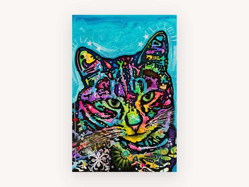 Neon Tabby Pop, colourful pop art cat illustration, animal canvas wall art print, front view