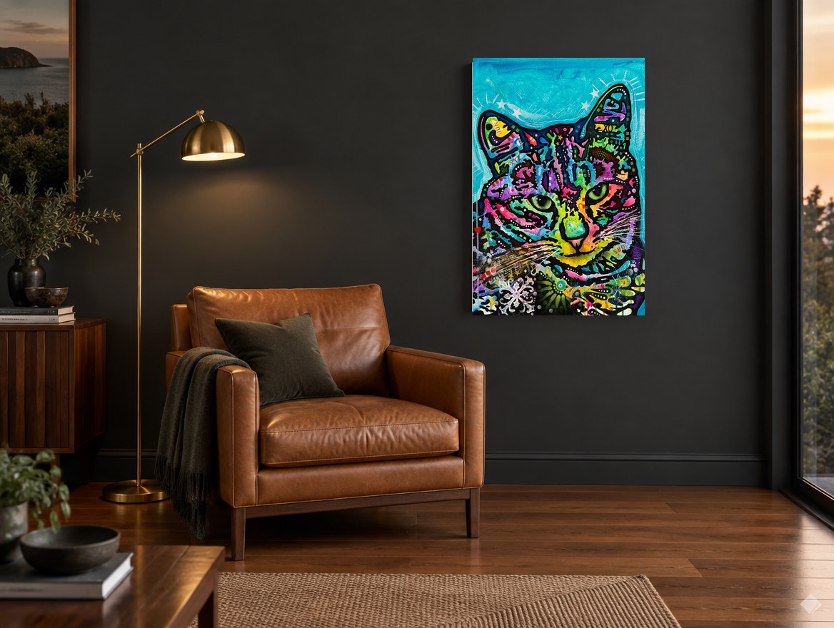 Neon Tabby Pop animal canvas print on the wall of a charcoal living room