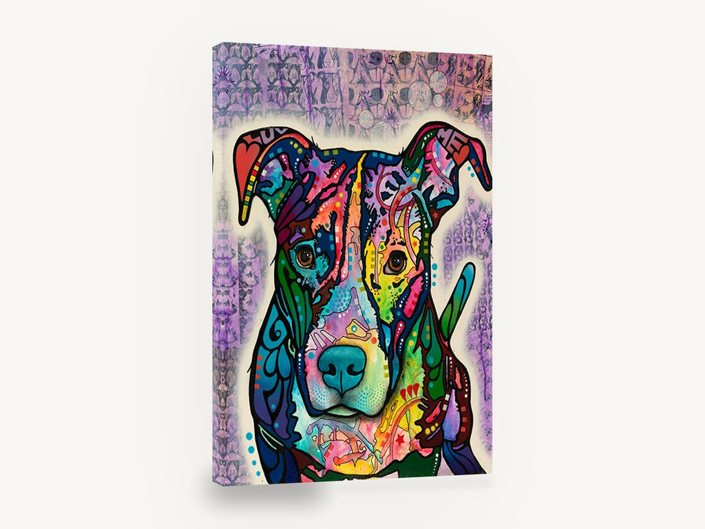 Luv Me Pop Pup, colourful pit bull pop art portrait, animal canvas wall art print ready to hang