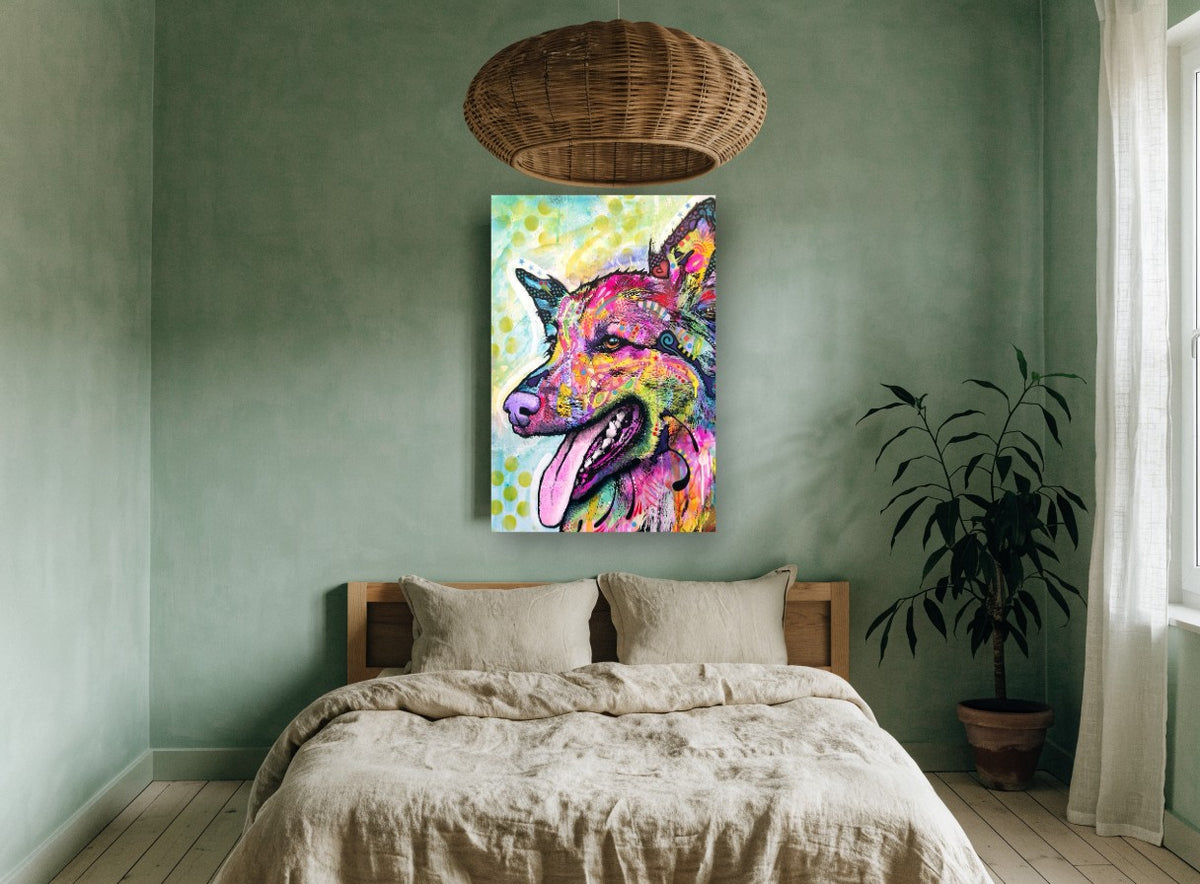 Rainbow Shepherd Pop animal canvas print on the wall of a bedroom