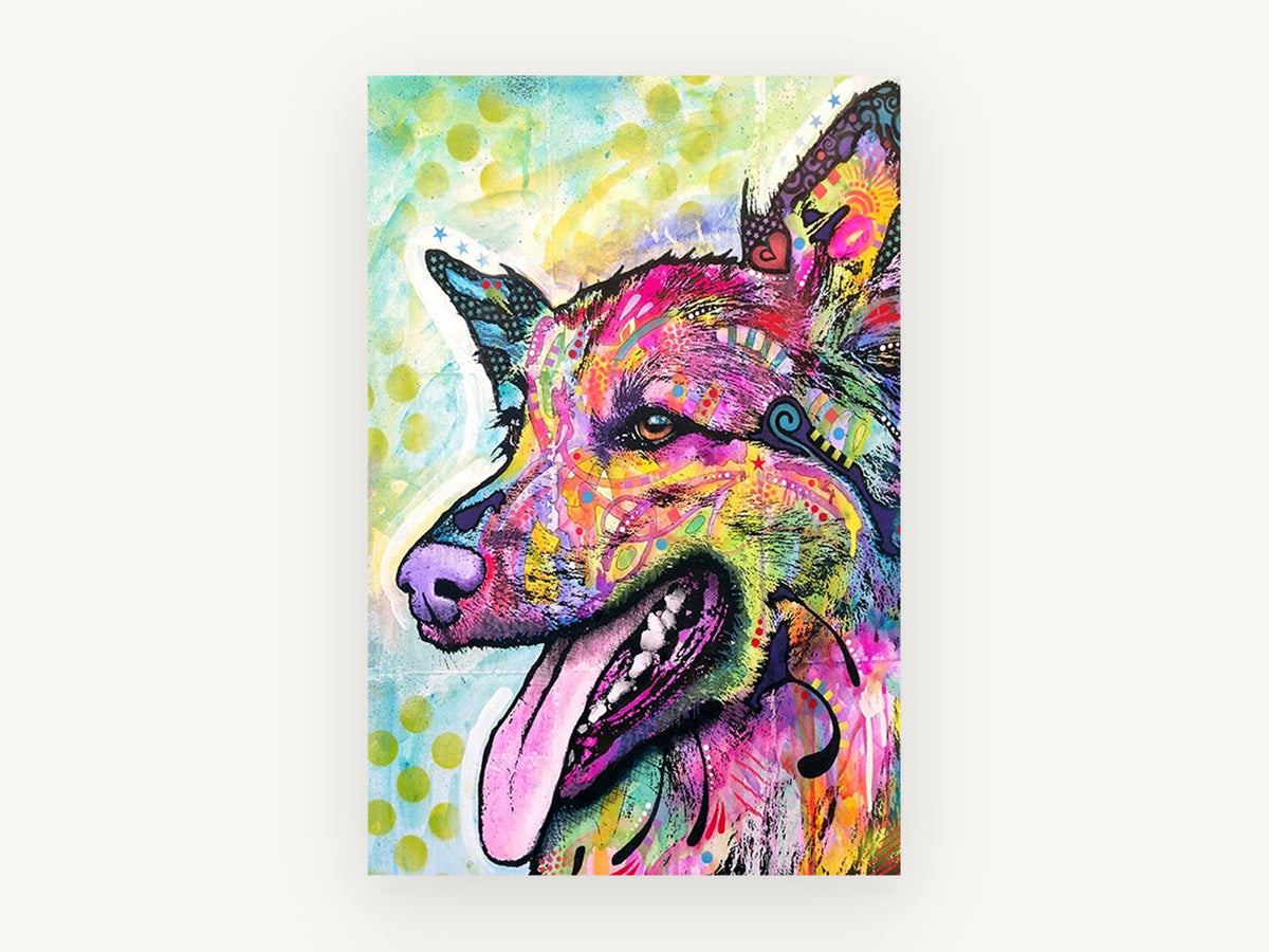 Rainbow Shepherd Pop, colourful pop art dog portrait, animal canvas wall art print, front view