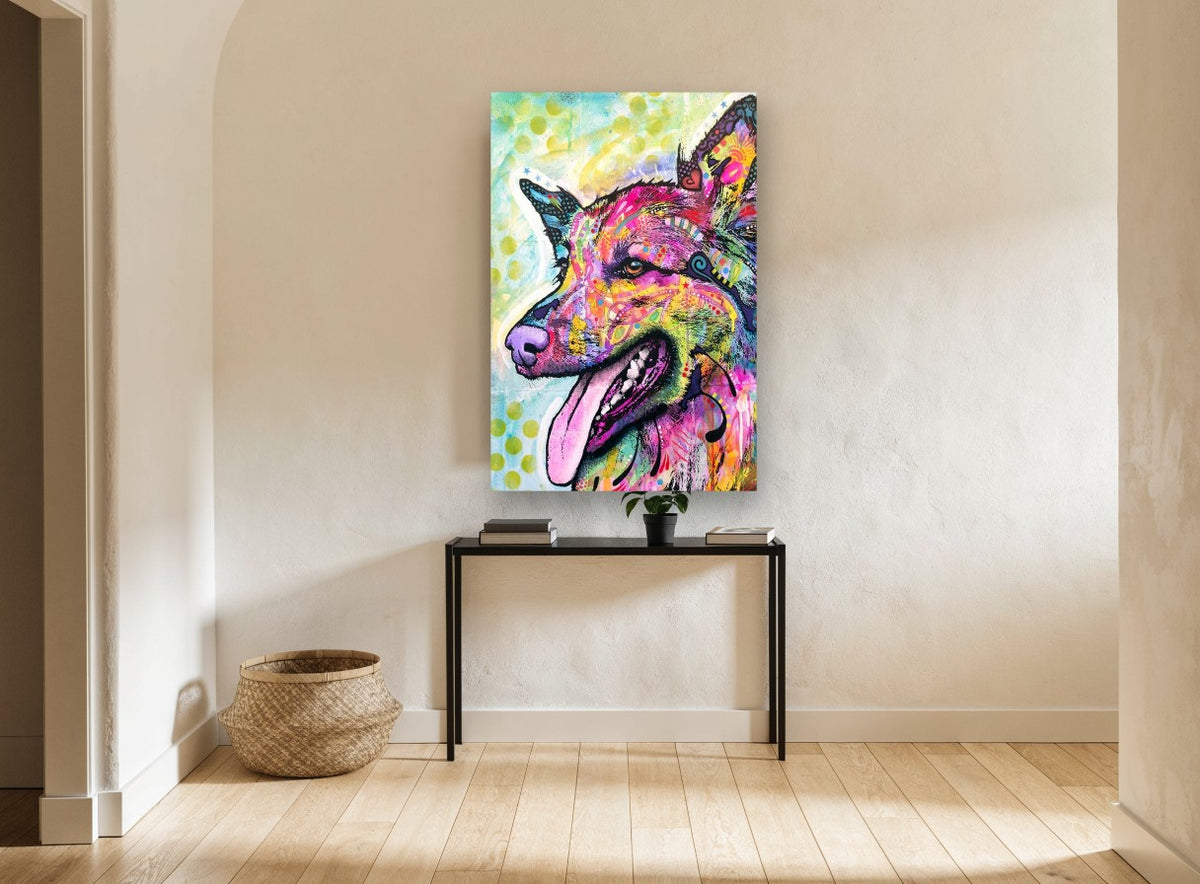 Rainbow Shepherd Pop animal canvas print on the wall of a hallway