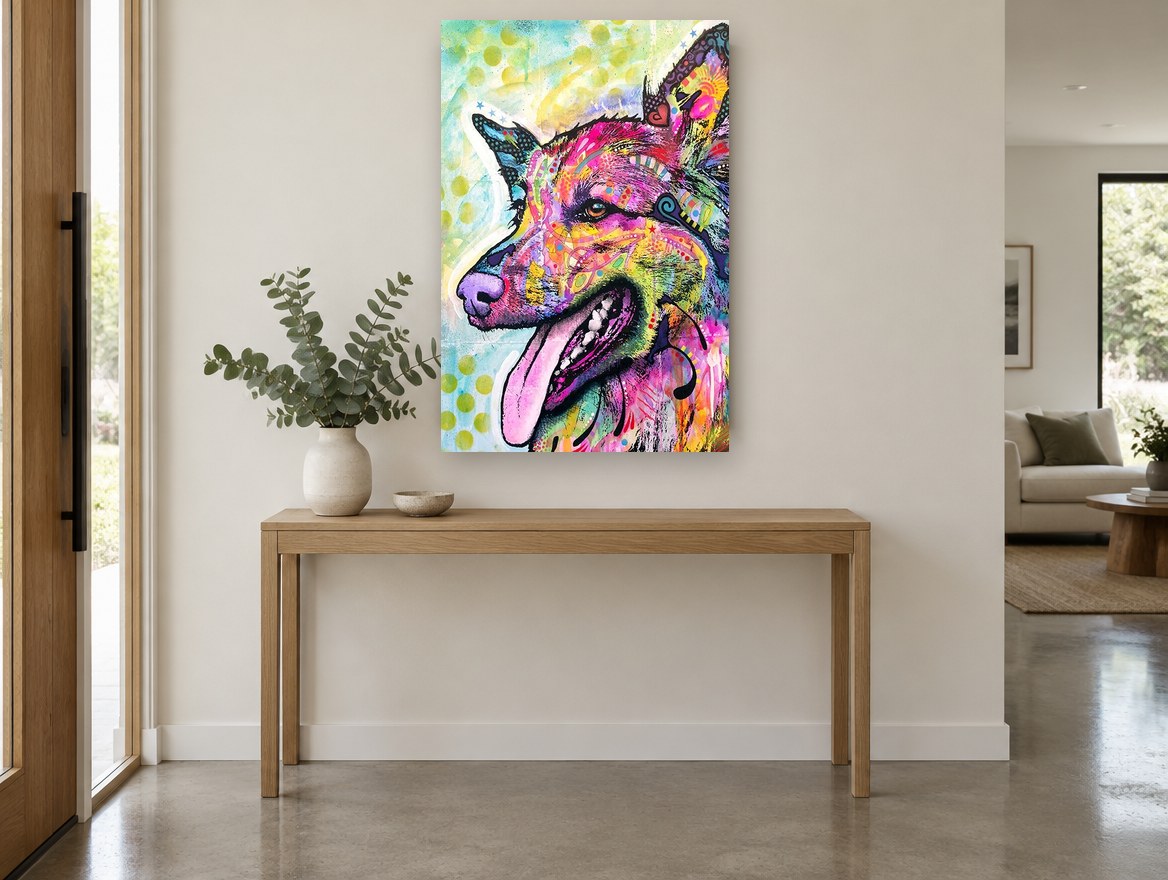 Rainbow Shepherd Pop animal canvas print on the wall of a entry hall